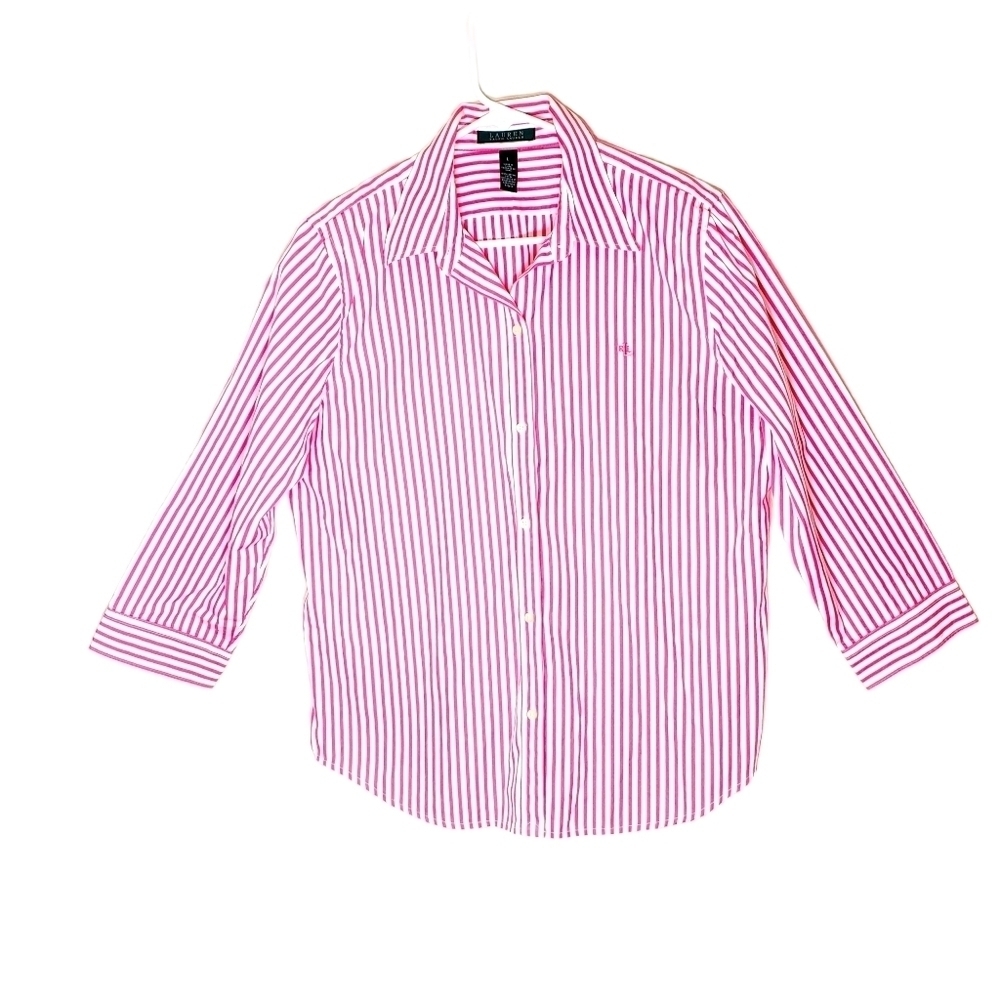Lauren Ralph Lauren Pink And White Striped 3/4 Sleeve Buttondown Dress Shirt